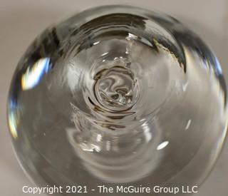 Vintage Round Hand Blown Clear Glass Paperweight with Bubbles. Measures 4" in diameter.