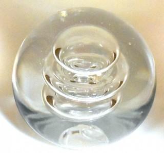 Vintage Round Hand Blown Clear Glass Paperweight with Bubbles. Measures 4" in diameter.