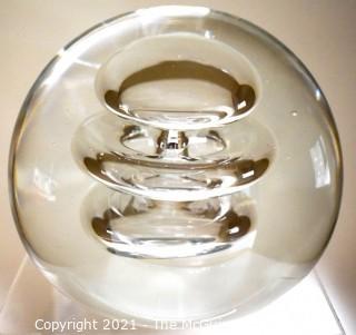 Vintage Round Hand Blown Clear Glass Paperweight with Bubbles. Measures 4" in diameter.