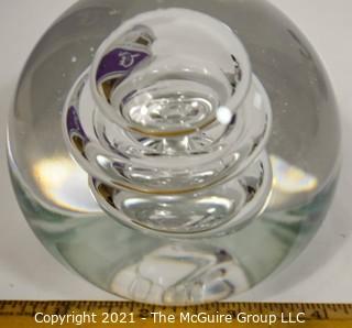 Vintage Round Hand Blown Clear Glass Paperweight with Bubbles. Measures 4" in diameter.