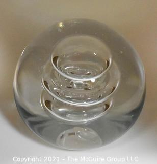 Vintage Round Hand Blown Clear Glass Paperweight with Bubbles. Measures 4" in diameter.