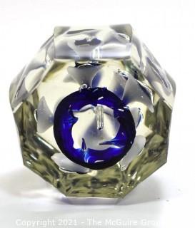 Vintage Hand Blown Lampwork Glass Paperweight with Blue & White Ribbons