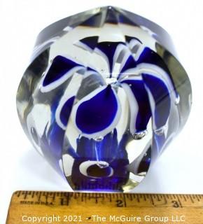 Vintage Hand Blown Lampwork Glass Paperweight with Blue & White Ribbons