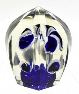 Vintage Hand Blown Lampwork Glass Paperweight with Blue & White Ribbons