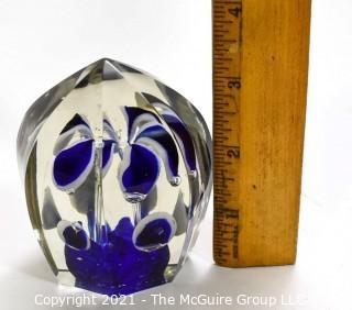 Vintage Hand Blown Lampwork Glass Paperweight with Blue & White Ribbons