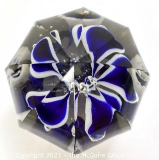 Vintage Hand Blown Lampwork Glass Paperweight with Blue & White Ribbons