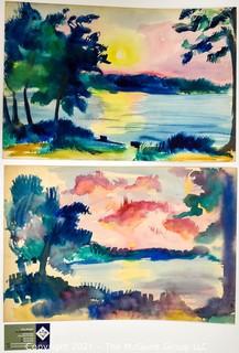 Two (2) Unframed Water Color Tropical Beach Scenes on Paper.  