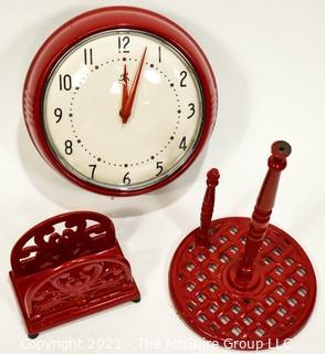 Three (3) Red Kitchen Items Including Wall Clock, Paper Towel Dispenser and Napkin Holder. 