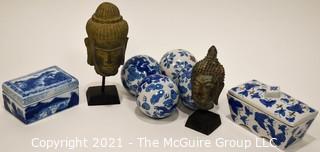 Group of Asian Decorative Items Including Blue & White Porcelain and Buddha Heads. 