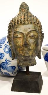 Group of Asian Decorative Items Including Blue & White Porcelain and Buddha Heads. 