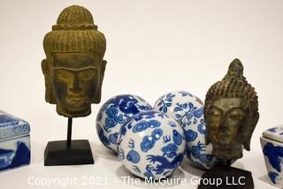 Group of Asian Decorative Items Including Blue & White Porcelain and Buddha Heads. 