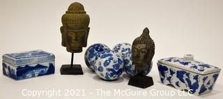 Group of Asian Decorative Items Including Blue & White Porcelain and Buddha Heads. 