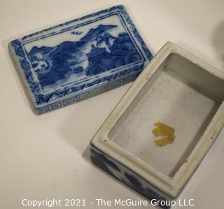 Group of Asian Decorative Items Including Blue & White Porcelain and Buddha Heads. 