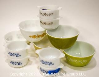 Group of Vintage Pyrex Mixing Bowls and Casserole Dishes in Avacado Green and Blue Flowers. 