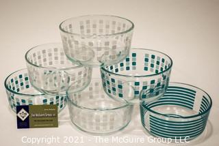 Six (6) Clear Glass with Polka Dot and Stripe Pyrex Bowls.  