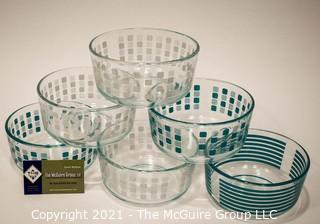 Six (6) Clear Glass with Polka Dot and Stripe Pyrex Bowls.  