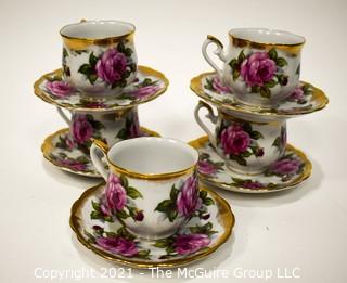 Set of Five (5) Norcrest Porcelain China Teacups and Saucers with Floral Decoration.