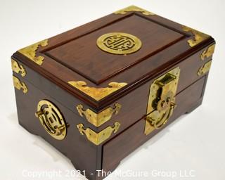 Asian Wood with Brass Decoration Jewelry Box with Hasp Closure.