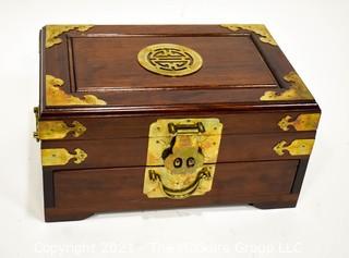 Asian Wood with Brass Decoration Jewelry Box with Hasp Closure.