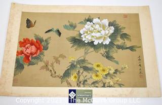 Vintage Asian Painting on Silk of Flowers with Chop Mark. 