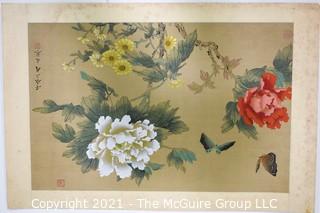 Vintage Asian Painting on Silk of Flowers with Chop Mark. 