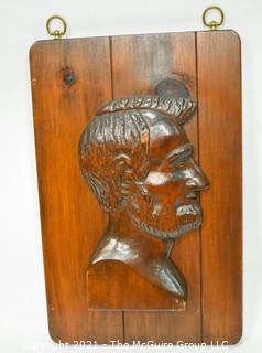 Large Wooden Wall Plaque of Abraham Lincoln.  Measures 18" tall.