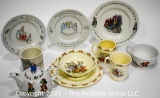 Collection of Porcelain Beatrix Potter Peter Rabbit Children's Dinnerware.  Includes Teapot.  