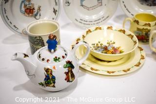 Collection of Porcelain Beatrix Potter Peter Rabbit Children's Dinnerware.  Includes Teapot.  