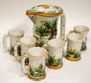 Set of Six (6) Hand Painted Pottery Cups and Pitcher Made in Spain. 