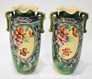 Two (2) Vintage Asian Hand Painted Vases. Measure 13" tall.