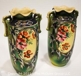 Two (2) Vintage Asian Hand Painted Vases. Measure 13" tall.