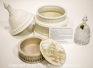 Three (3) U.S. Capitol Dome Decorative Items Including Waterford Crystal Bell, Canister and Box. 