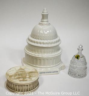 Three (3) U.S. Capitol Dome Decorative Items Including Waterford Crystal Bell, Canister and Box. 