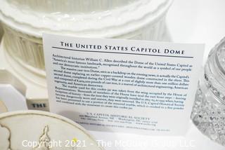 Three (3) U.S. Capitol Dome Decorative Items Including Waterford Crystal Bell, Canister and Box. 