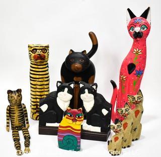 Group of Ten (10) Folk Art Carved & Painted Cats. 