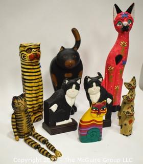 Group of Ten (10) Folk Art Carved & Painted Cats. 