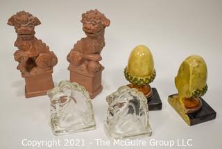 Three (3) Pair of Bookends.  Includes Foo Dogs, Acorns & Glass Horses. 