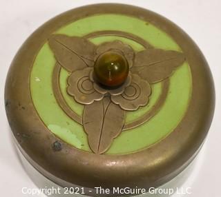 Art Deco Green Metal Vanity Jar or Powder Box with Leaf Appliques. 