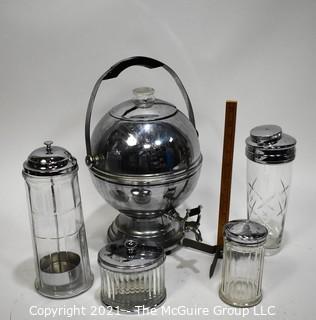 Group of Chrome & Glass Deco Style Serving Items.  Includes Round Coffee Server by La Belle Silver, Cocktail Shaker, Soda Fountain Straw Dispenser, Sugar Dispenser and Jar. 