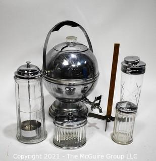 Group of Chrome & Glass Deco Style Serving Items.  Includes Round Coffee Server by La Belle Silver, Cocktail Shaker, Soda Fountain Straw Dispenser, Sugar Dispenser and Jar. 