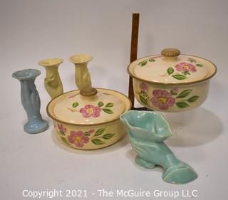 Group of Mid Century Pottery Items.  Includes Two (2) Franciscan Ware Casserole Dishes and Three (3) Bud Vases and One (1) McCoy Planter.