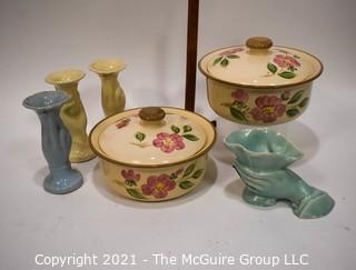 Group of Mid Century Pottery Items.  Includes Two (2) Franciscan Ware Casserole Dishes and Three (3) Bud Vases and One (1) McCoy Planter.