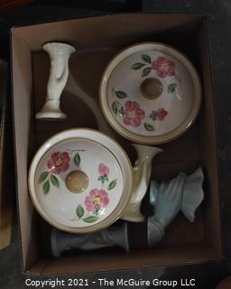 Group of Mid Century Pottery Items.  Includes Two (2) Franciscan Ware Casserole Dishes and Three (3) Bud Vases and One (1) McCoy Planter.