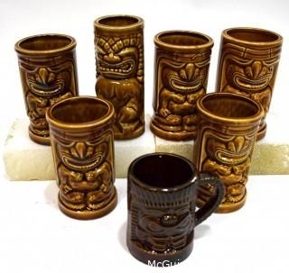  Set Of (6) Vintage Mid Century Orchids Of Hawaii Brown Tiki Mugs Or Tumblers. Barware. 