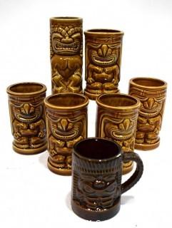  Set Of (6) Vintage Mid Century Orchids Of Hawaii Brown Tiki Mugs Or Tumblers. Barware. 