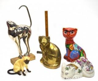 Group of Five (5) Decorative Cat Figurines and Piggy Bank. 