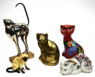 Group of Five (5) Decorative Cat Figurines and Piggy Bank. 