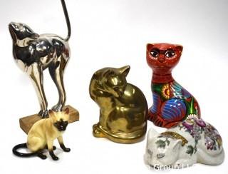 Group of Five (5) Decorative Cat Figurines and Piggy Bank. 