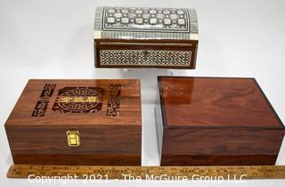 Three (3) Boxes Including Mother of Pearl Inlaid Jewelry Box. Savoy Humidor and Asian Presentation Box. 