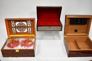 Three (3) Boxes Including Mother of Pearl Inlaid Jewelry Box. Savoy Humidor and Asian Presentation Box. 